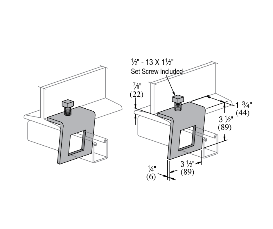 855 Pierced Angle Window Type Beam Clamp schematic with measurements